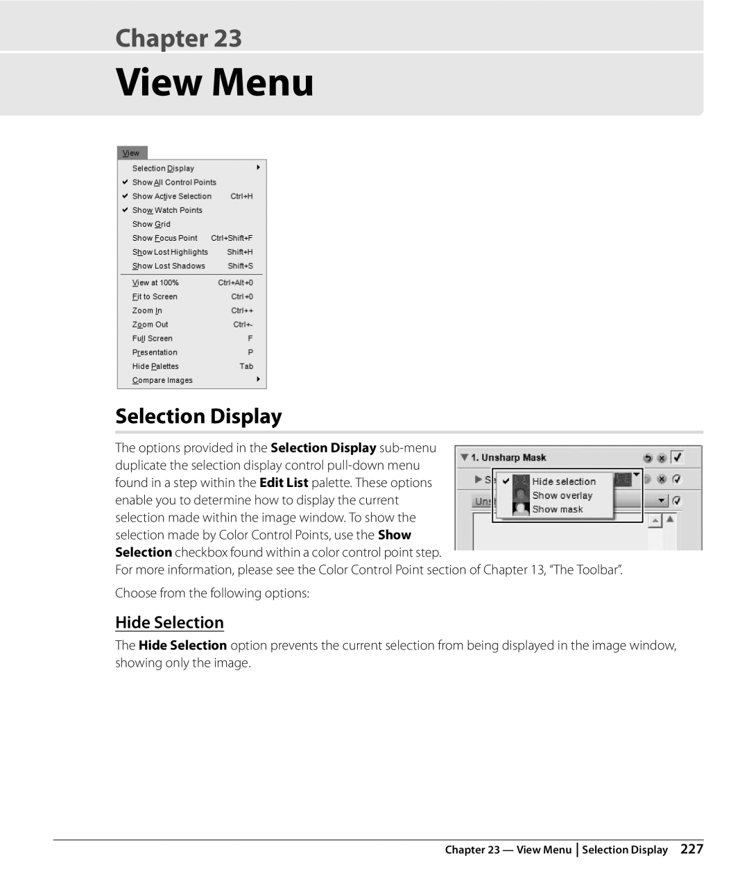 Nikon NX2 user manual View Menu, Hide Selection, Options provided in the Selection Display sub-menu 