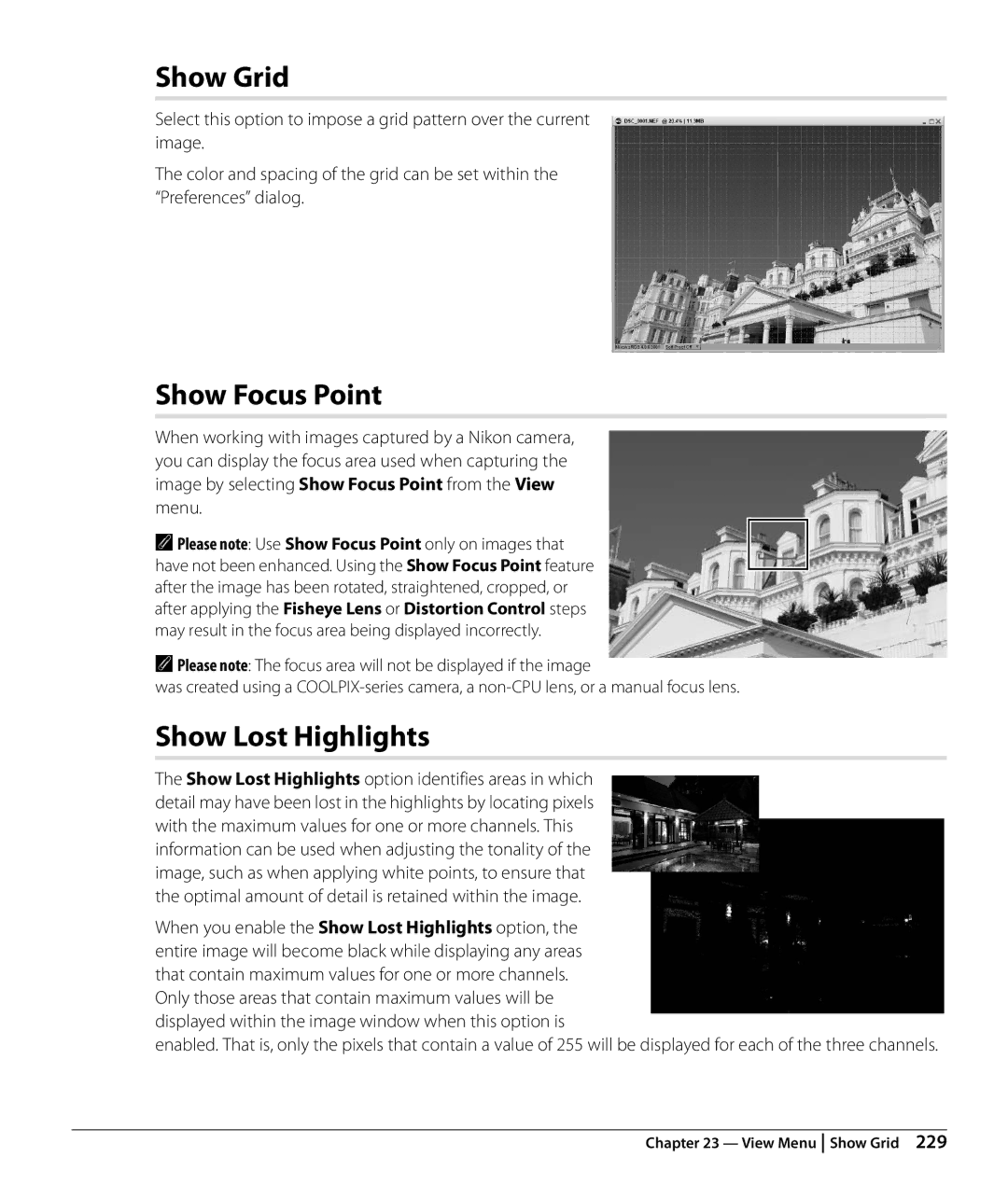 Nikon NX2 Show Grid, Show Focus Point, Show Lost Highlights, When working with images captured by a Nikon camera 