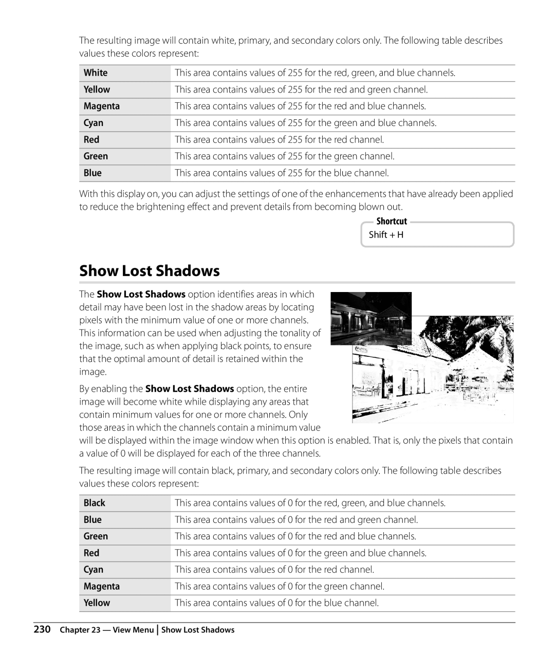 Nikon NX2 user manual Show Lost Shadows, Shift + H 