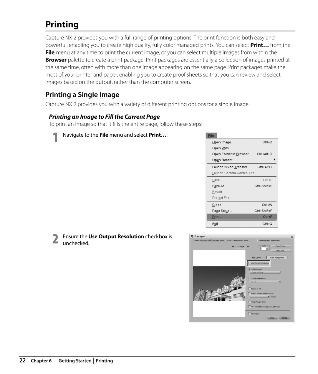 Nikon NX2 Printing a Single Image, Printing an Image to Fill the Current, Navigate to the File menu and select Print… 