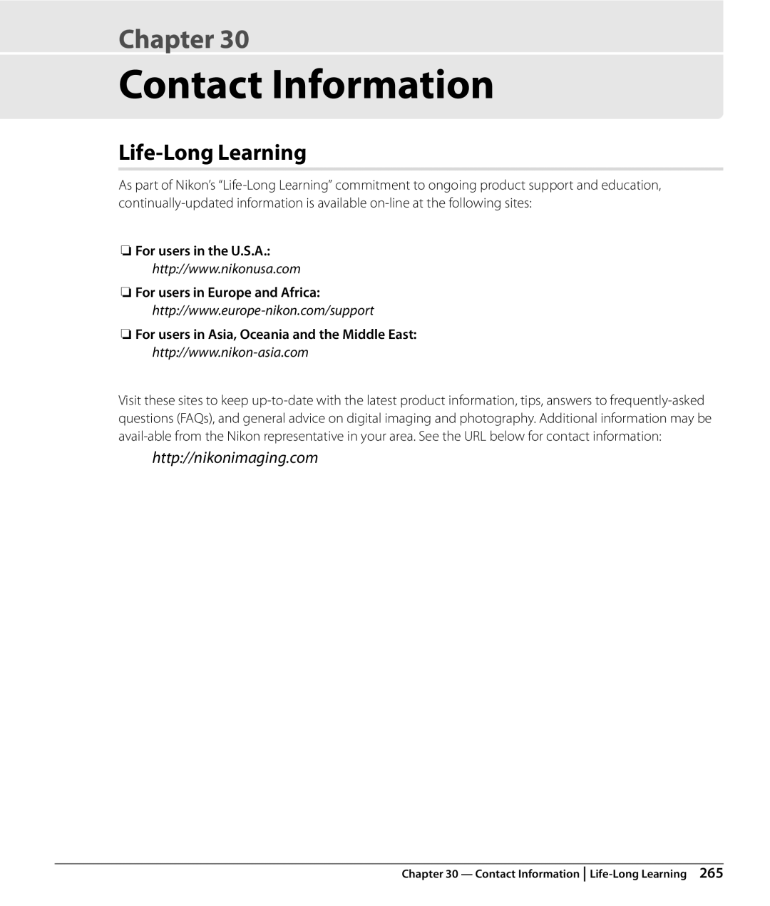 Nikon NX2 user manual Contact Information, Life-Long Learning 