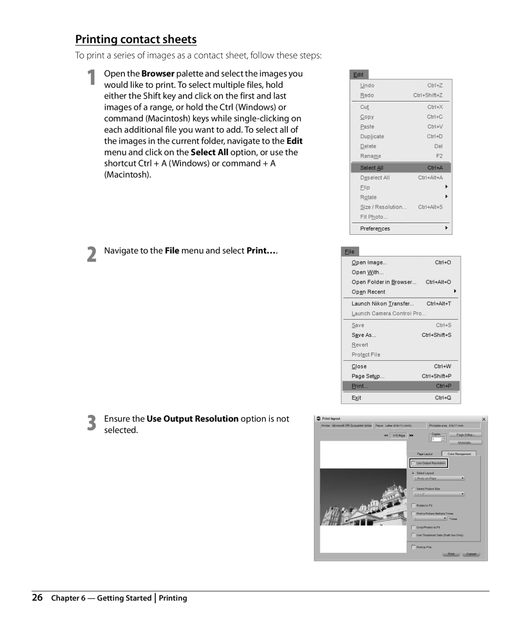 Nikon NX2 user manual Printing contact sheets, Ensure the Use Output Resolution option is not selected 