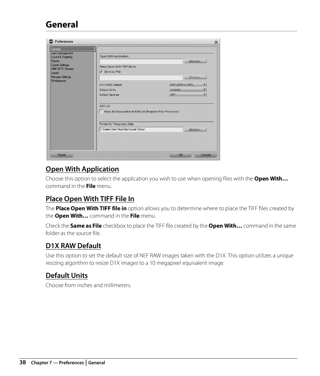 Nikon NX2 user manual General, Open With Application, Place Open With Tiff File, D1X RAW Default, Default Units 