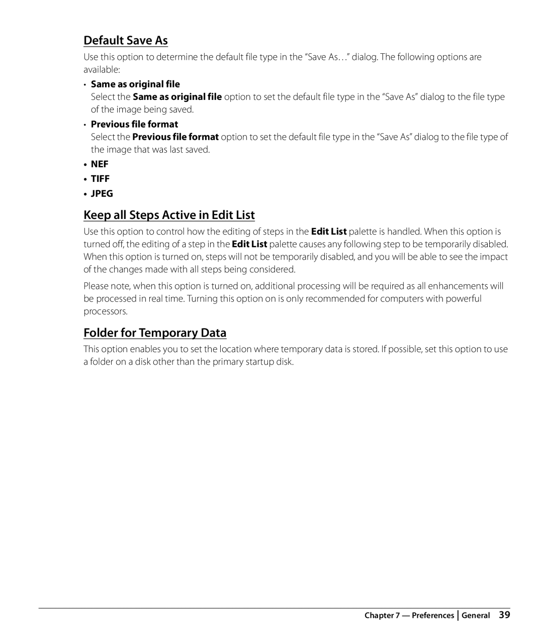 Nikon NX2 user manual Default Save As, Keep all Steps Active in Edit List, Folder for Temporary Data, Same as original file 