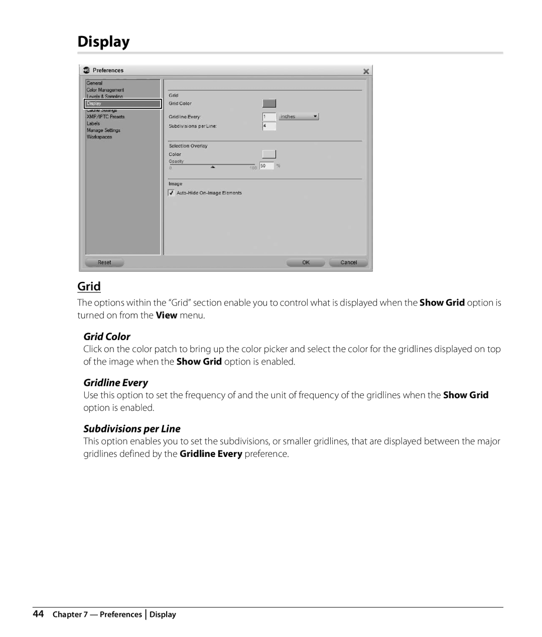 Nikon NX2 user manual Display, Grid Color, Gridline Every, Subdivisions per Line 