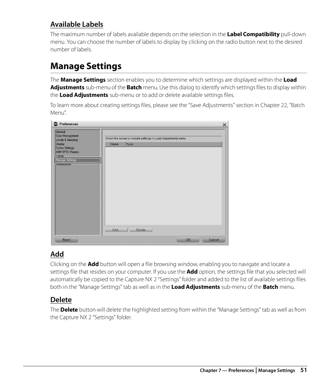 Nikon NX2 user manual Manage Settings, Available Labels, Add 