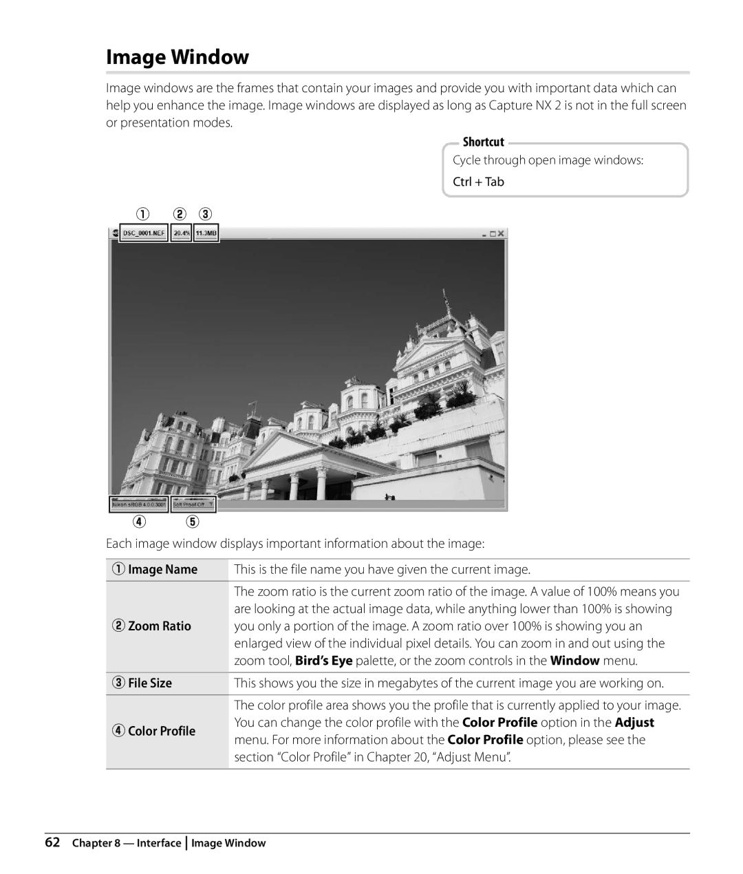 Nikon NX2 user manual Image Window, Image Name, Zoom Ratio, File Size, Color Profile 