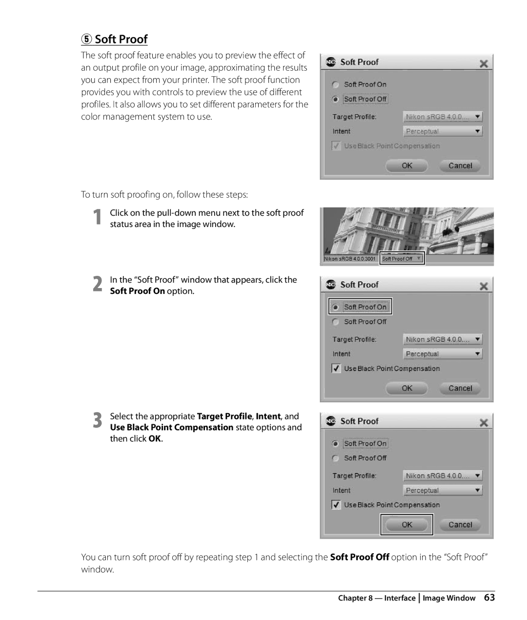 Nikon NX2 user manual Soft Proof, To turn soft proofing on, follow these steps 