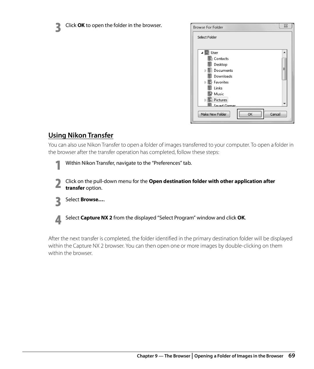 Nikon NX2 user manual Using Nikon Transfer, Click OK to open the folder in the browser 