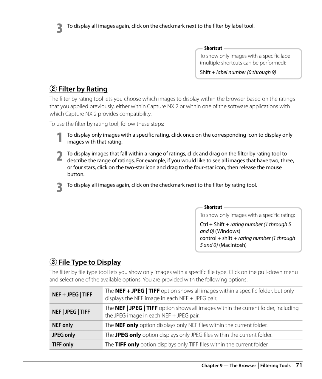 Nikon NX2 user manual Filter by Rating, File Type to Display, NEF only, Jpeg only, Tiff only 