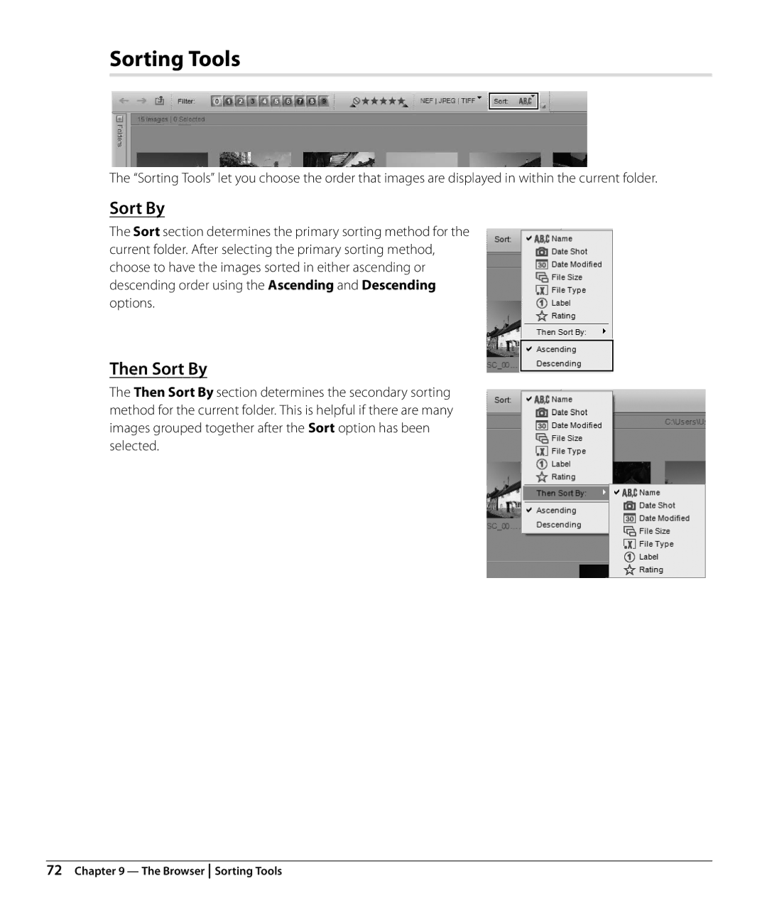 Nikon NX2 user manual Sorting Tools, Then Sort By, Options 