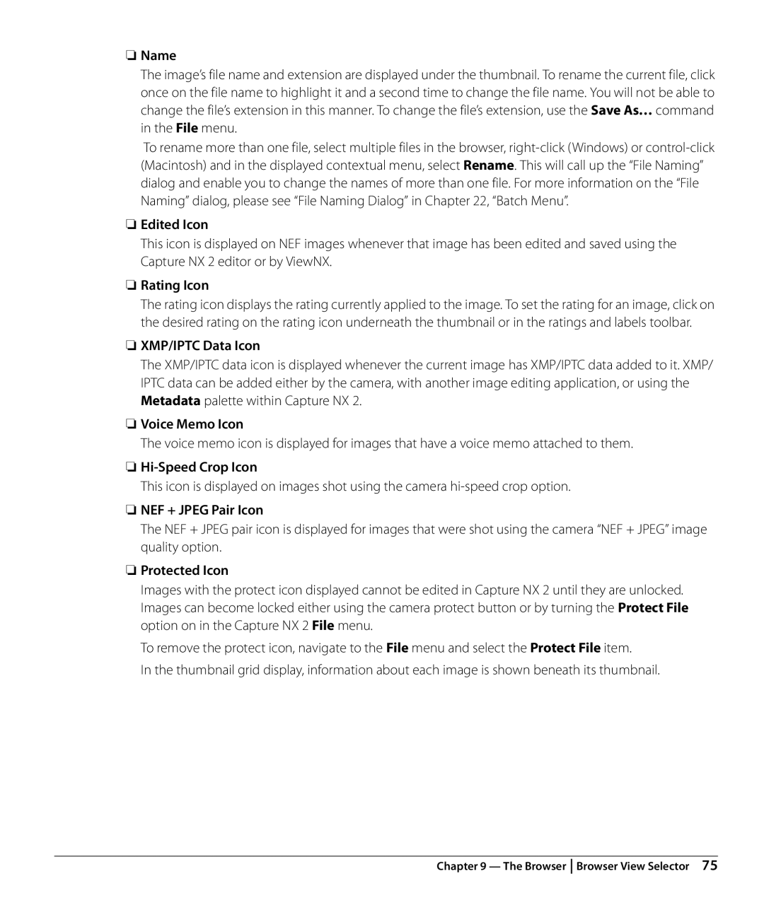 Nikon NX2 Name, Edited Icon, Rating Icon, XMP/IPTC Data Icon, Voice Memo Icon, Hi-Speed Crop Icon, NEF + Jpeg Pair Icon 