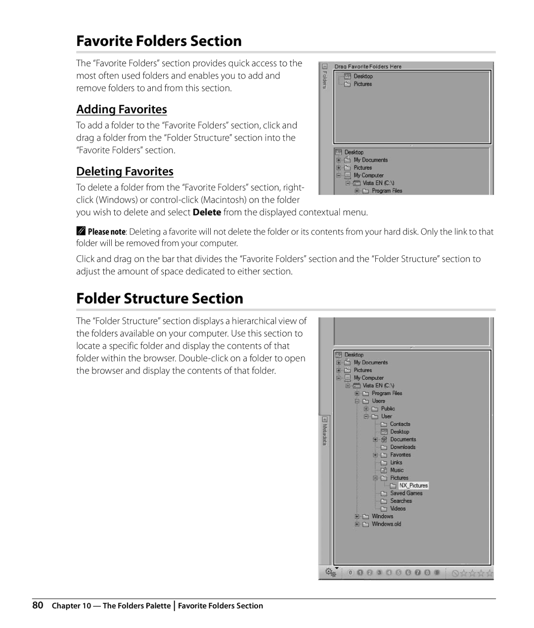 Nikon NX2 user manual Favorite Folders Section, Folder Structure Section, Adding Favorites, Deleting Favorites 