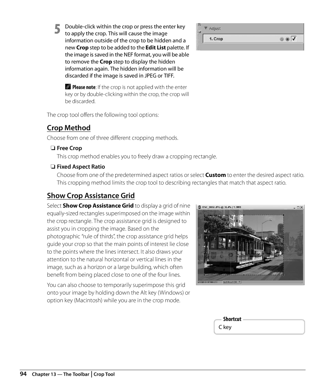 Nikon NX2 user manual Crop Method, Show Crop Assistance Grid, Free Crop, Fixed Aspect Ratio 