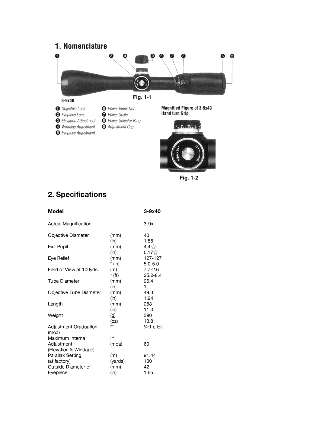 Nikon OMEGA Muzzleloading 3-9x40 instruction manual Specifications, Model 9x40 