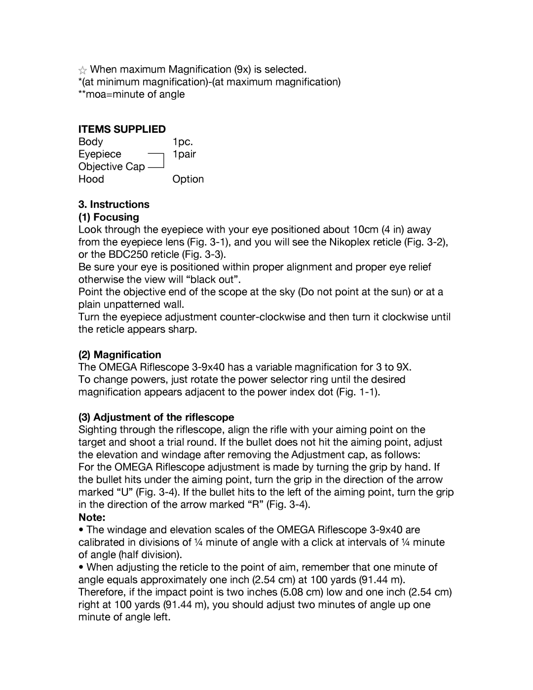 Nikon OMEGA Muzzleloading 3-9x40 instruction manual Instructions Focusing, Magnification, Adjustment of the riflescope 