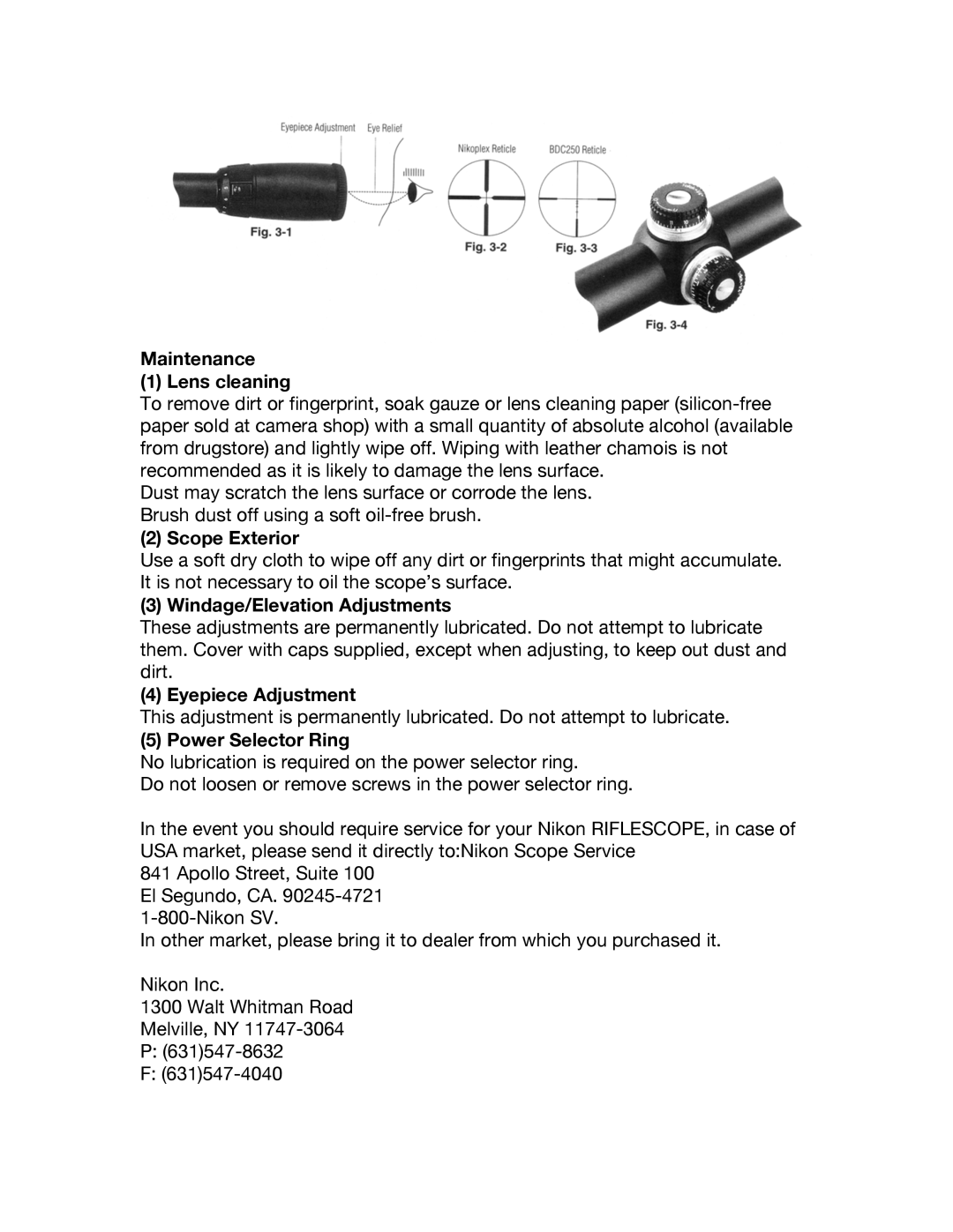 Nikon OMEGA Muzzleloading 3-9x40 Maintenance Lens cleaning, Scope Exterior, Windage/Elevation Adjustments 