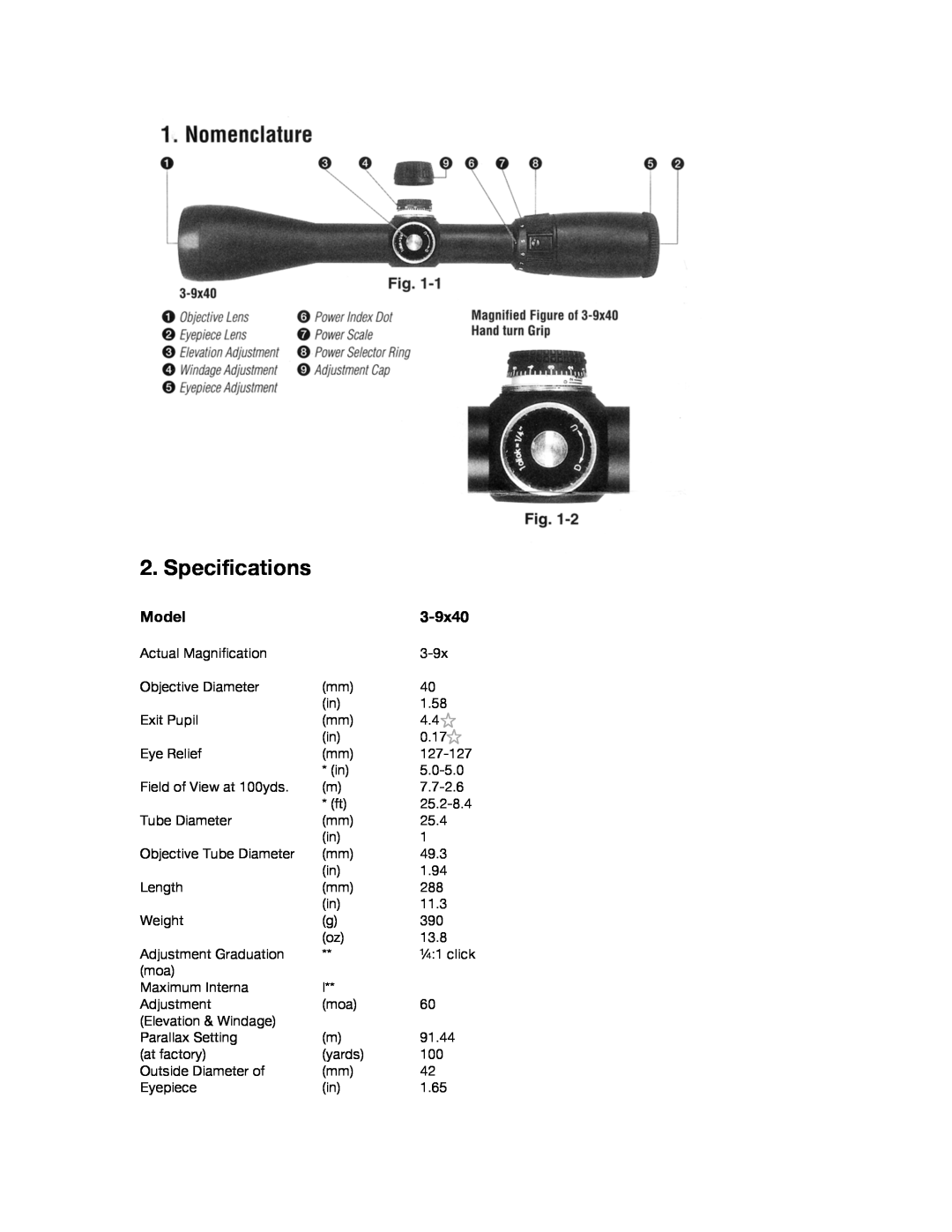 Nikon OMEGA Muzzleloading 3-9x40 instruction manual Specifications, Model 