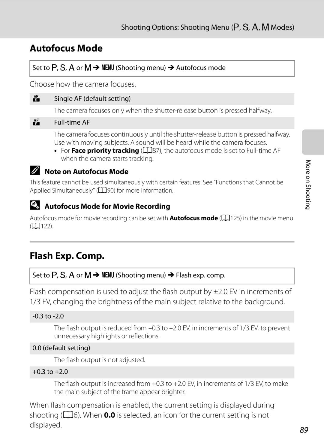 Nikon COOLPIXP300BK user manual Flash Exp. Comp, Choose how the camera focuses, Autofocus Mode for Movie Recording 