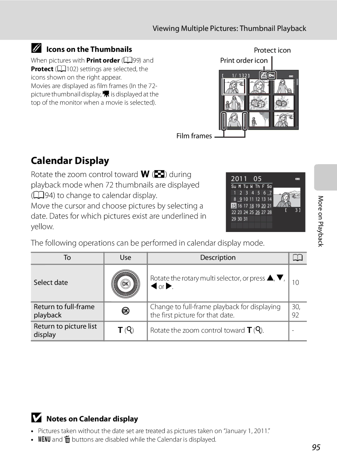 Nikon COOLPIXP300BK user manual Calendar Display, Viewing Multiple Pictures Thumbnail Playback, Icons on the Thumbnails 