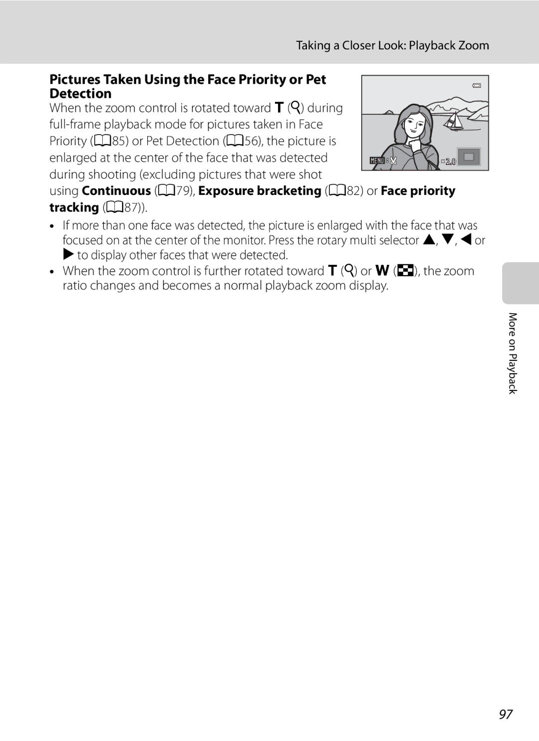 Nikon COOLPIXP300BK user manual Pictures Taken Using the Face Priority or Pet Detection, Taking a Closer Look Playback Zoom 