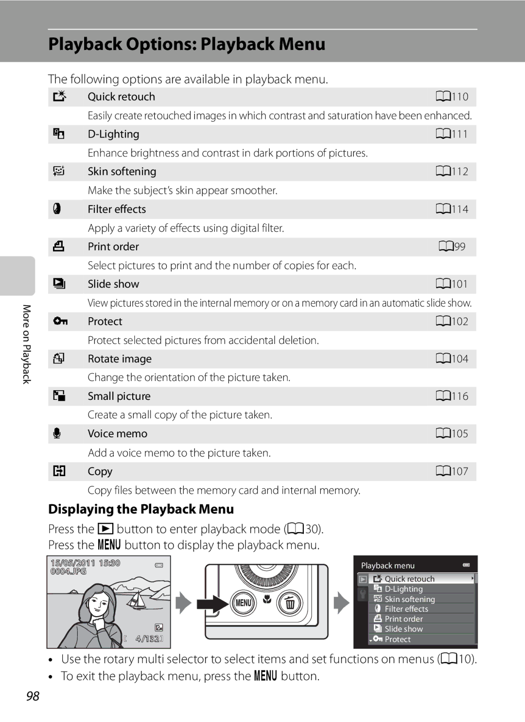 Nikon P300 Playback Options Playback Menu, Displaying the Playback Menu, Following options are available in playback menu 