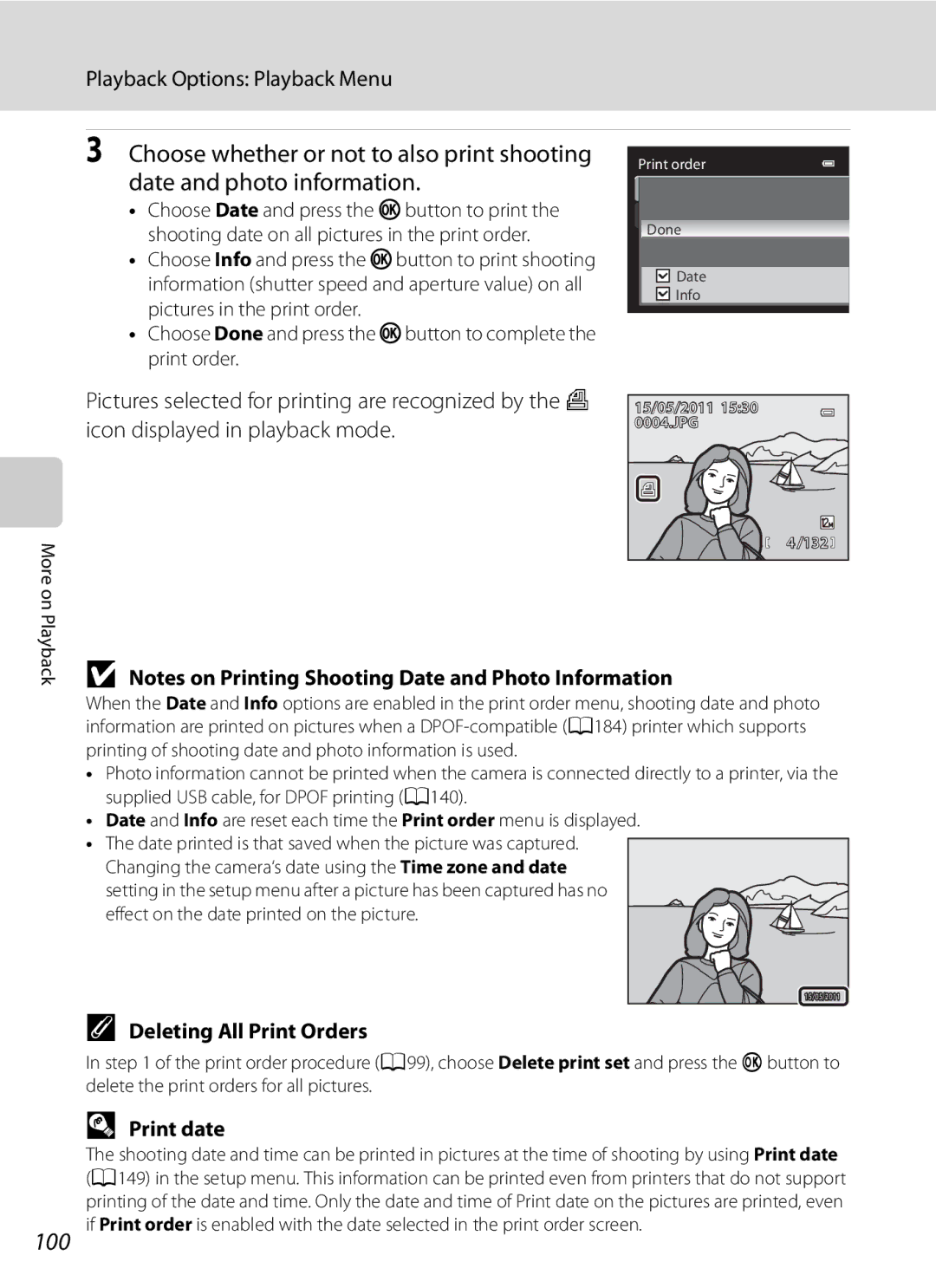 Nikon COOLPIXP300BK user manual 100, Deleting All Print Orders, Print date 