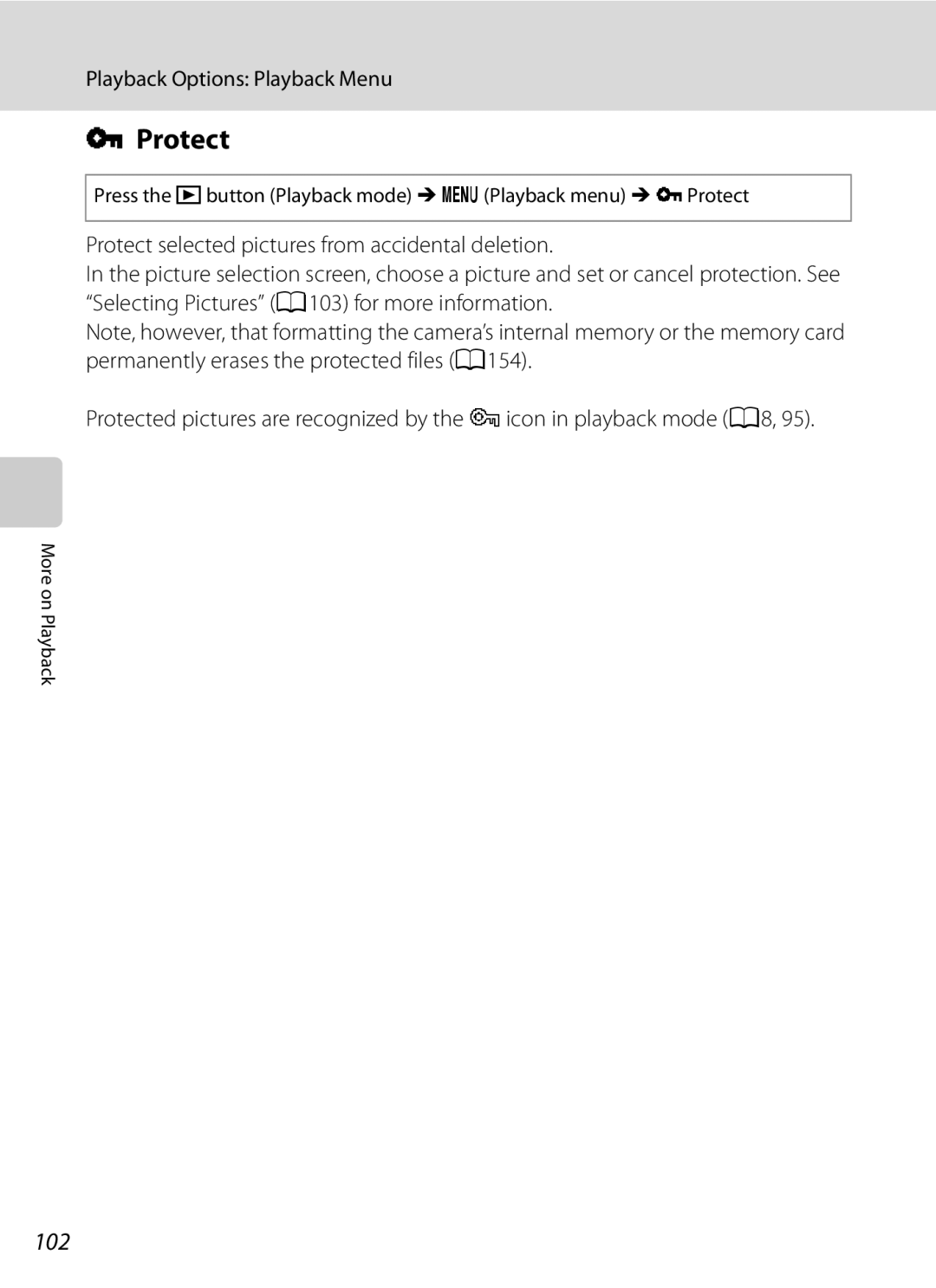 Nikon COOLPIXP300BK user manual 102, Press the cbutton Playback mode MdPlayback menu MdProtect 