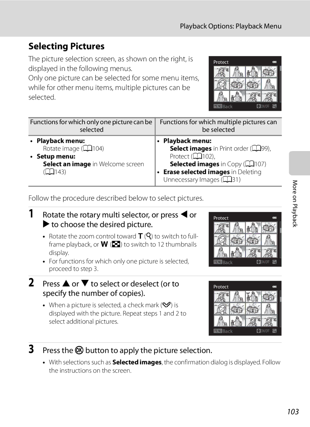 Nikon COOLPIXP300BK user manual Selecting Pictures, Press the kbutton to apply the picture selection, 103 