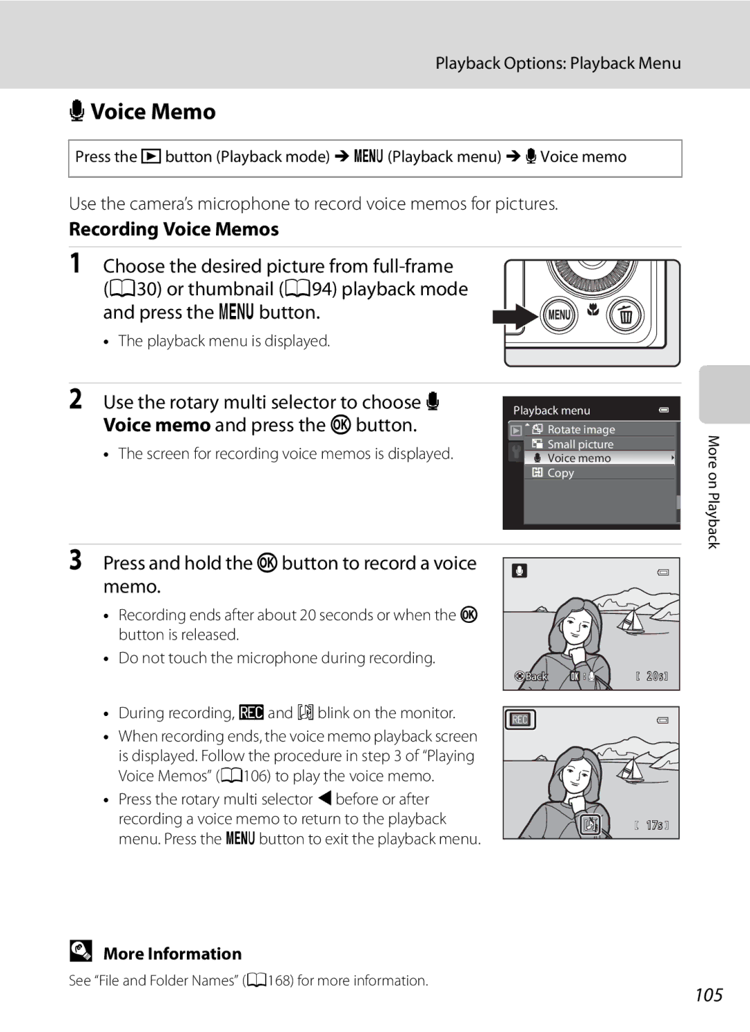 Nikon COOLPIXP300BK user manual EVoice Memo, Recording Voice Memos, Press and hold the kbutton to record a voice memo, 105 