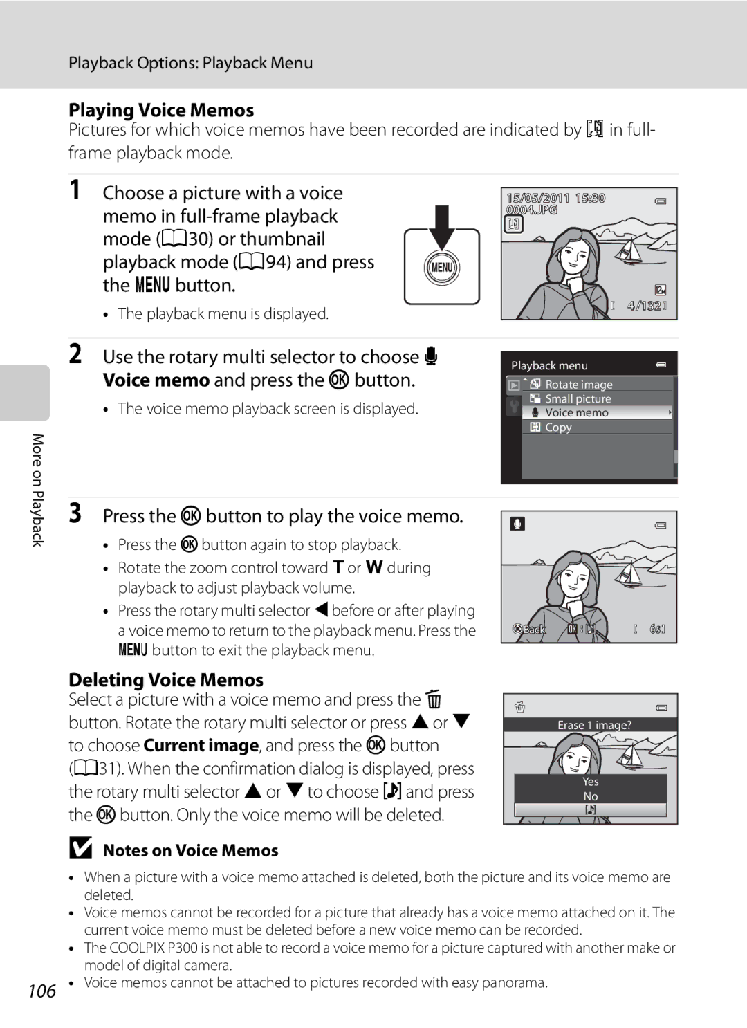 Nikon COOLPIXP300BK user manual Playing Voice Memos, Press the kbutton to play the voice memo, Deleting Voice Memos 