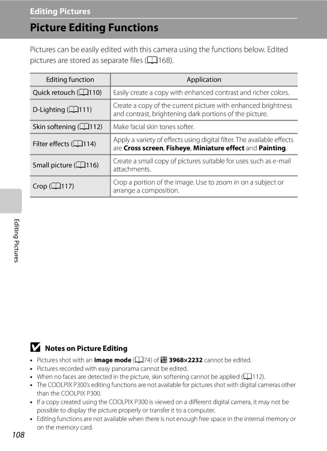 Nikon COOLPIXP300BK user manual Picture Editing Functions, 108 