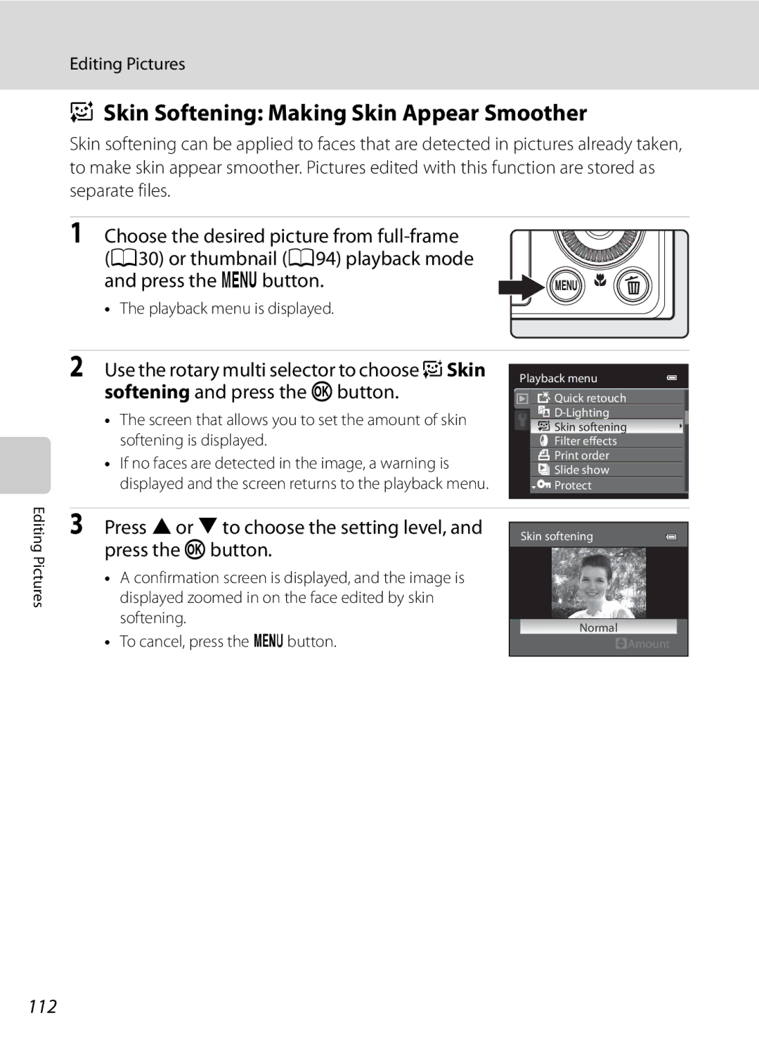 Nikon COOLPIXP300BK user manual Skin Softening Making Skin Appear Smoother, 112 