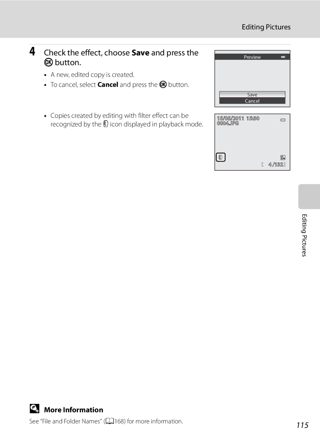 Nikon COOLPIXP300BK user manual Check the effect, choose Save and press the kbutton, 115 