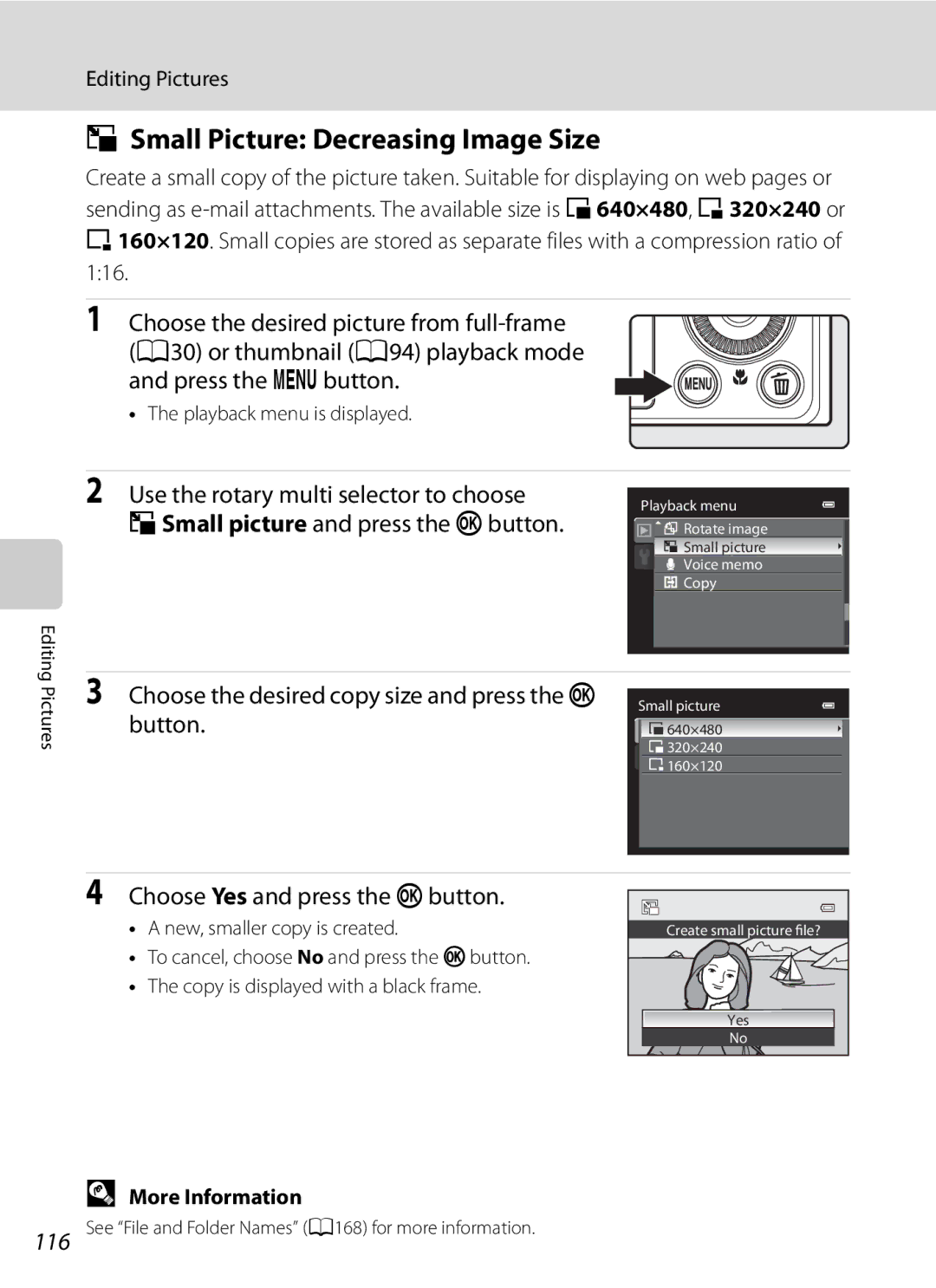 Nikon COOLPIXP300BK user manual Small Picture Decreasing Image Size, GSmall picture and press the kbutton 