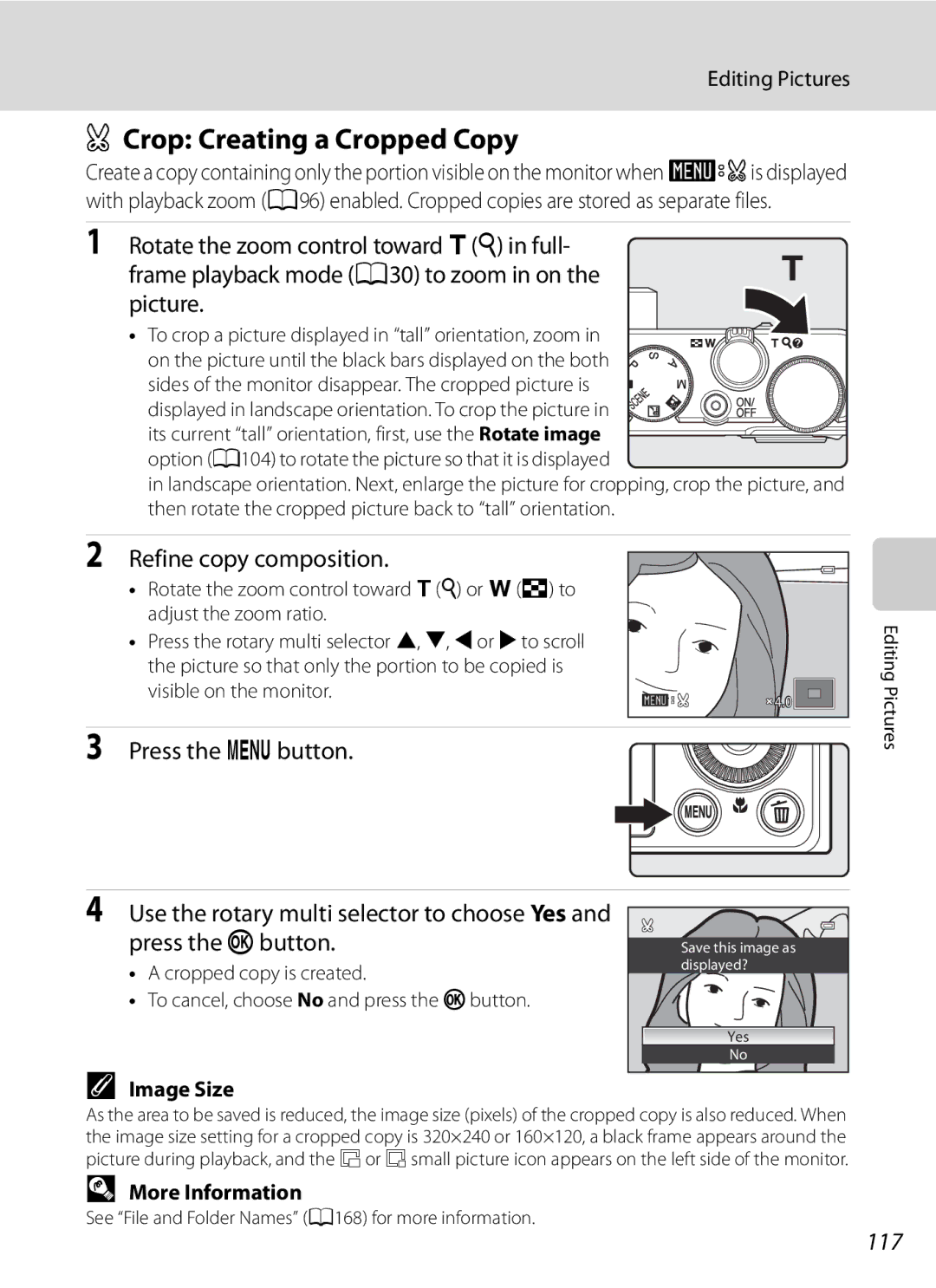 Nikon COOLPIXP300BK user manual Crop Creating a Cropped Copy, Refine copy composition, 117, Image Size 