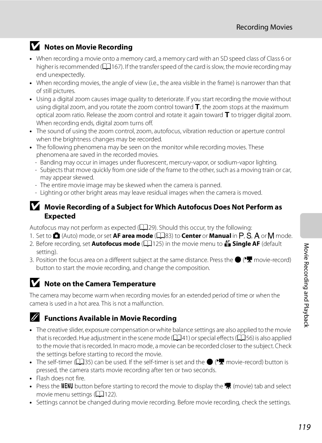 Nikon COOLPIXP300BK user manual 119, Recording Movies, Functions Available in Movie Recording 