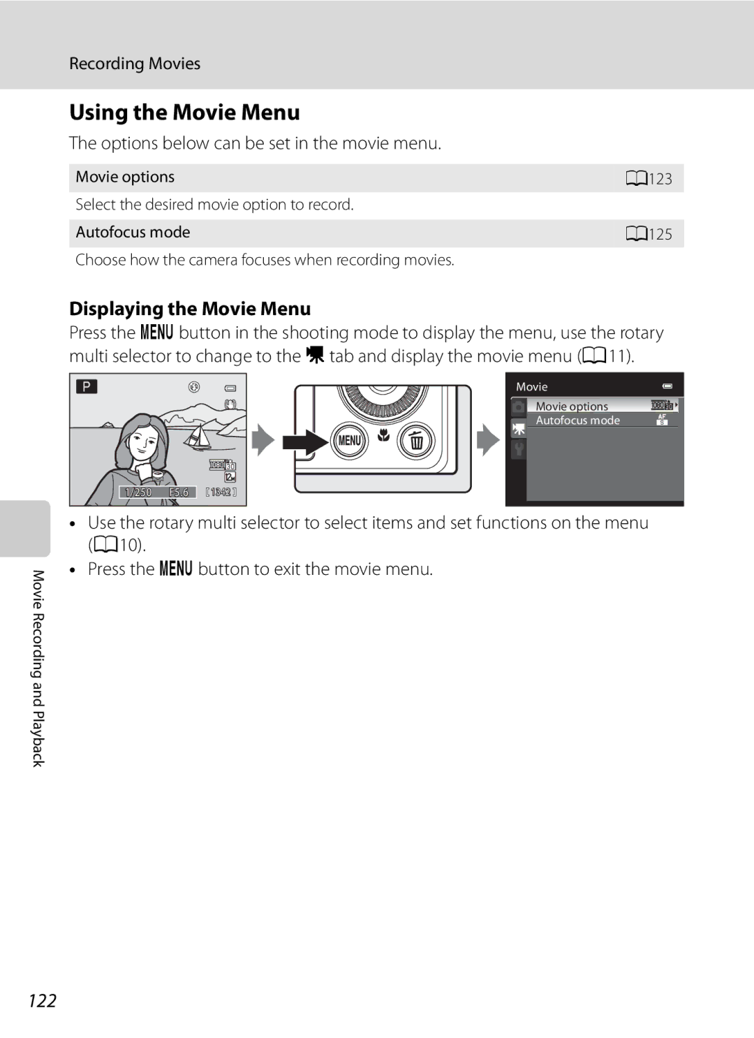 Nikon COOLPIXP300BK Using the Movie Menu, Displaying the Movie Menu, 122, Options below can be set in the movie menu 