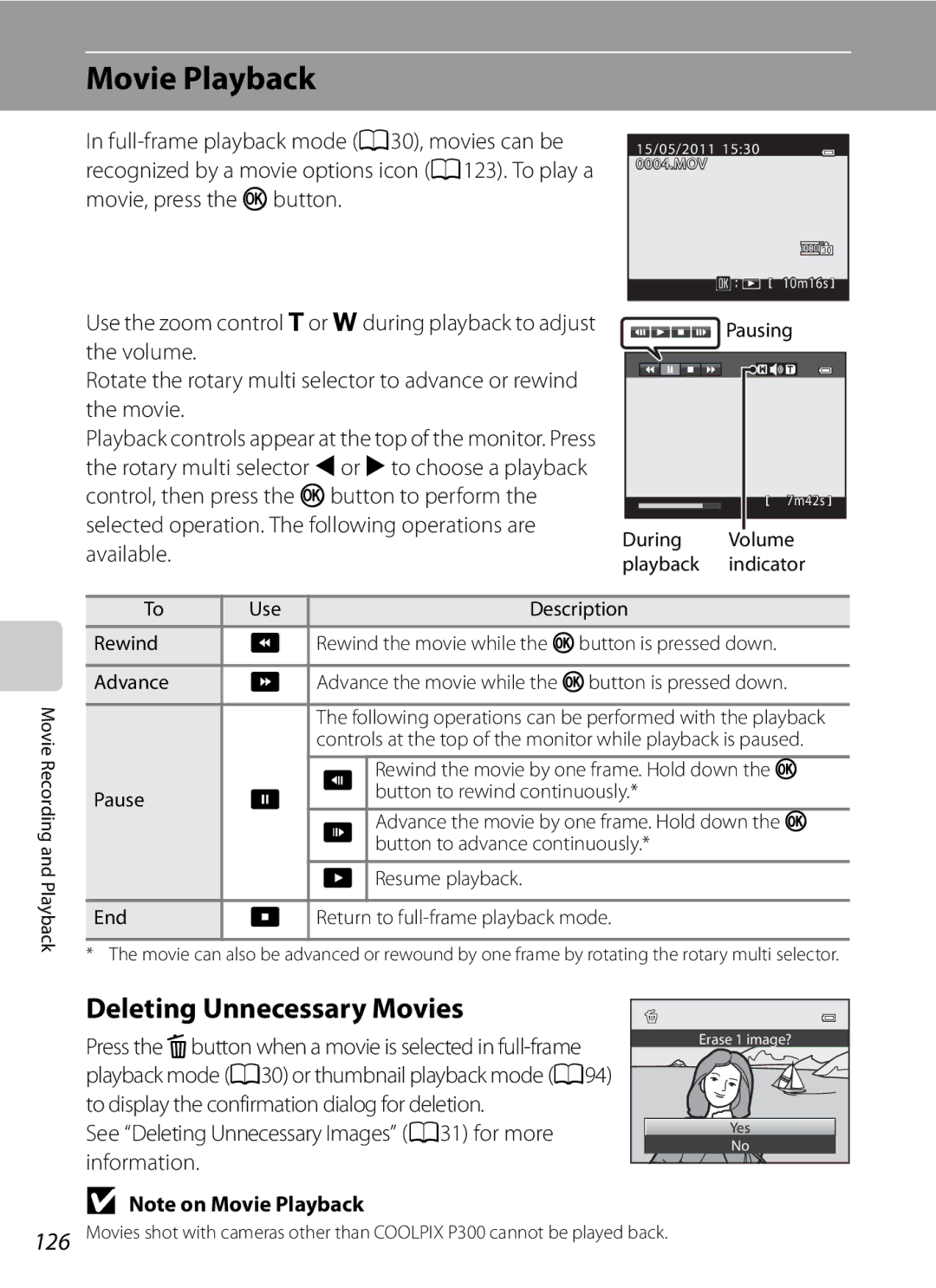 Nikon P300 Movie Playback, Deleting Unnecessary Movies, See Deleting Unnecessary Images A31 for more information 