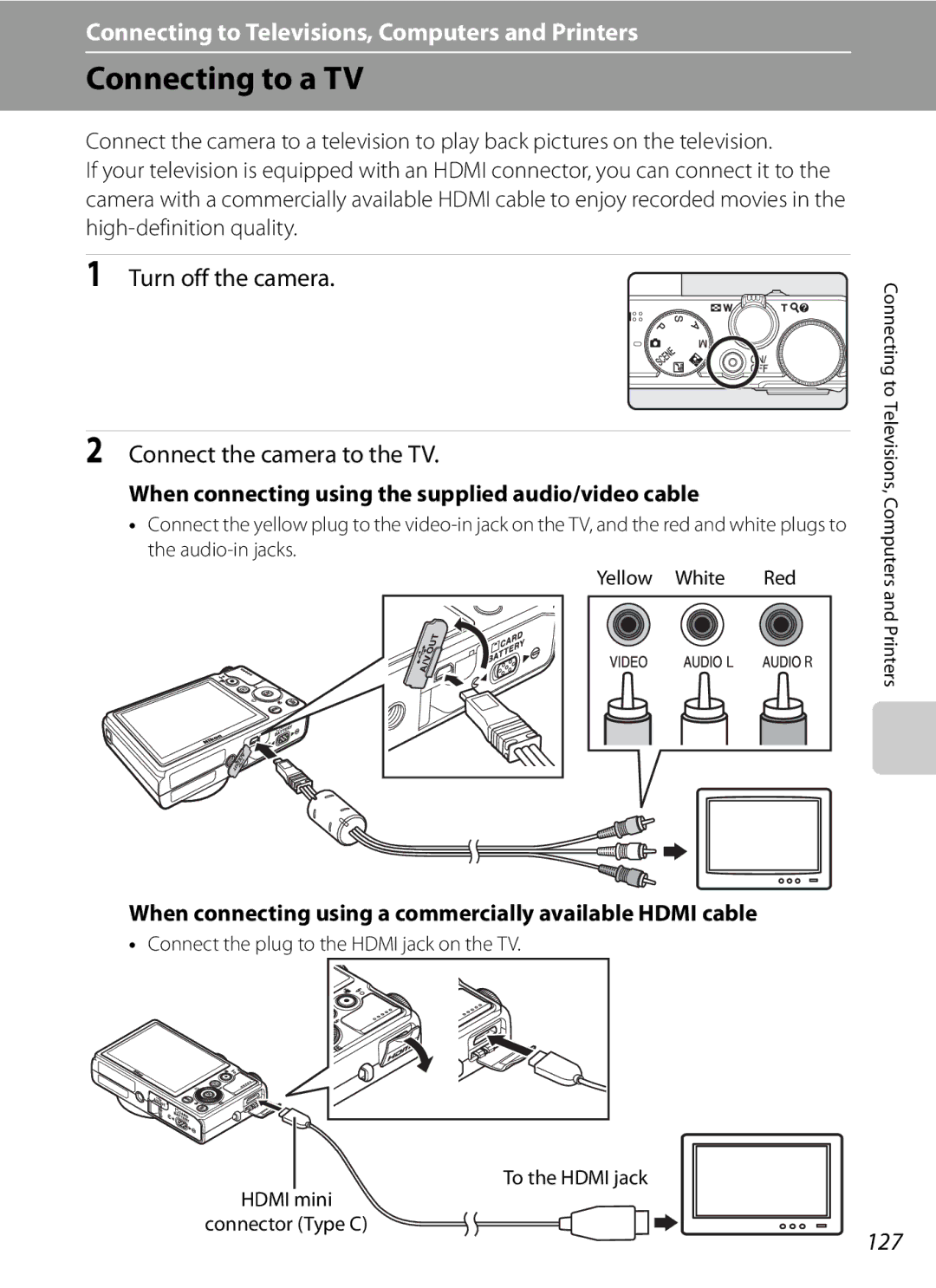 Nikon COOLPIXP300BK user manual Connecting to a TV, Turn off the camera Connect the camera to the TV, 127 