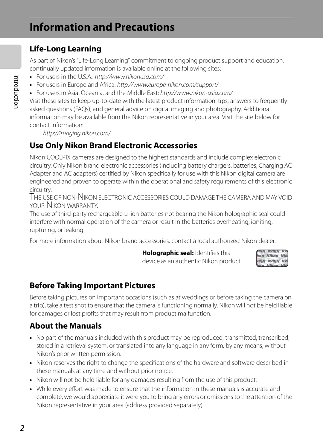 Nikon P300 Information and Precautions, Life-Long Learning, Use Only Nikon Brand Electronic Accessories, About the Manuals 