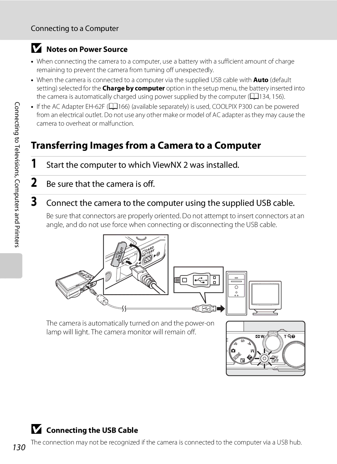 Nikon P300 user manual Transferring Images from a Camera to a Computer, Connecting to a Computer, Connecting the USB Cable 