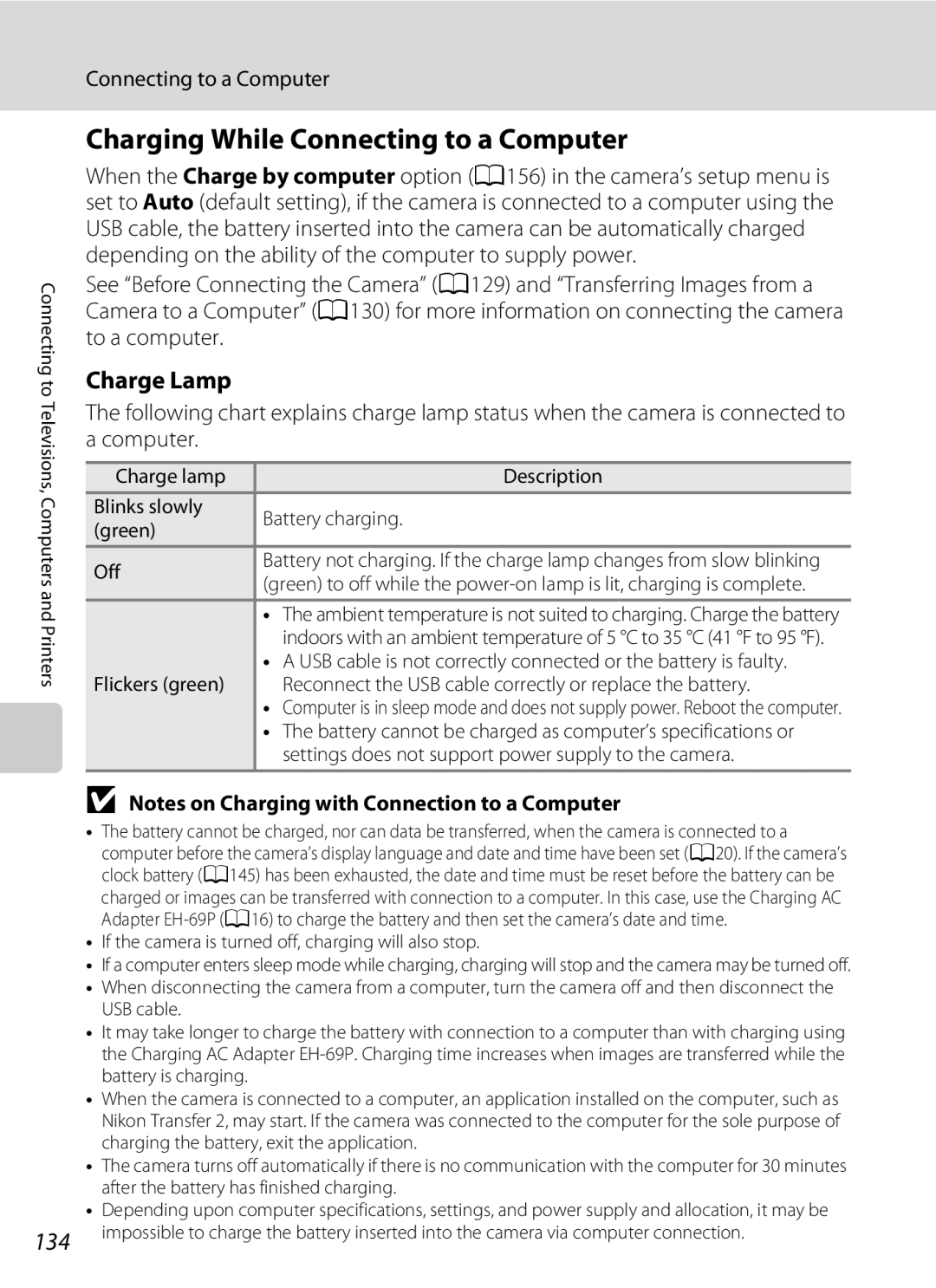 Nikon COOLPIXP300BK user manual Charging While Connecting to a Computer, 134, Charge Lamp 