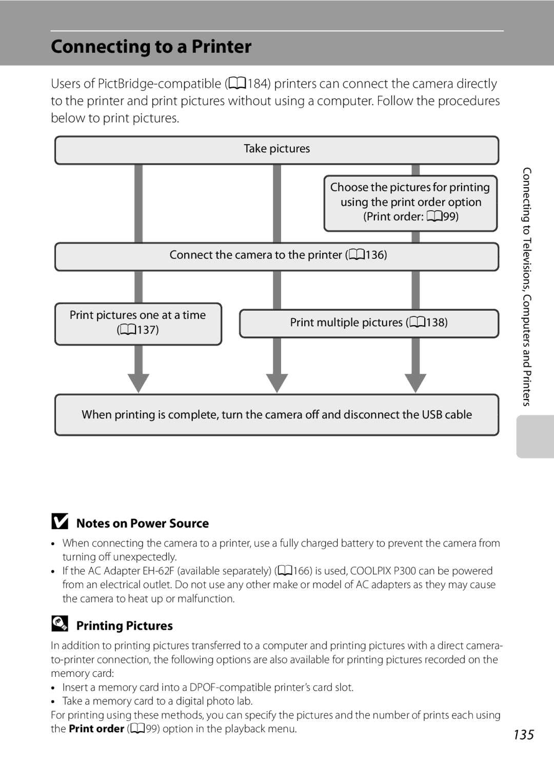 Nikon COOLPIXP300BK user manual Connecting to a Printer, 135, Printing Pictures, Take pictures 