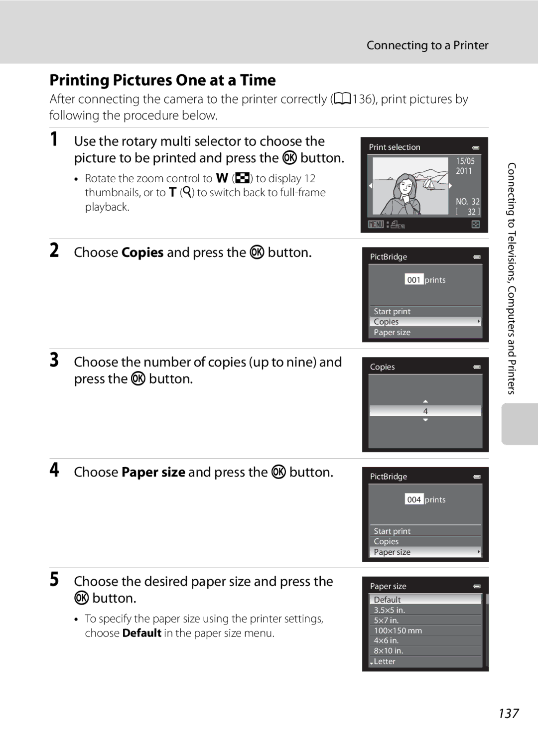 Nikon COOLPIXP300BK user manual Printing Pictures One at a Time, 137 