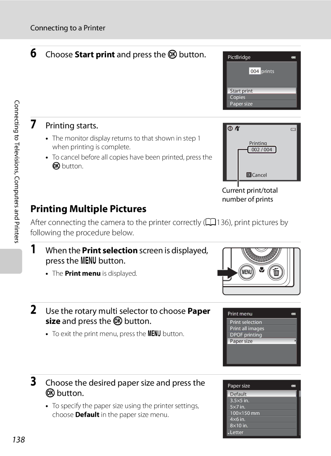 Nikon COOLPIXP300BK user manual Printing Multiple Pictures, Printing starts, 138, Print menu is displayed 