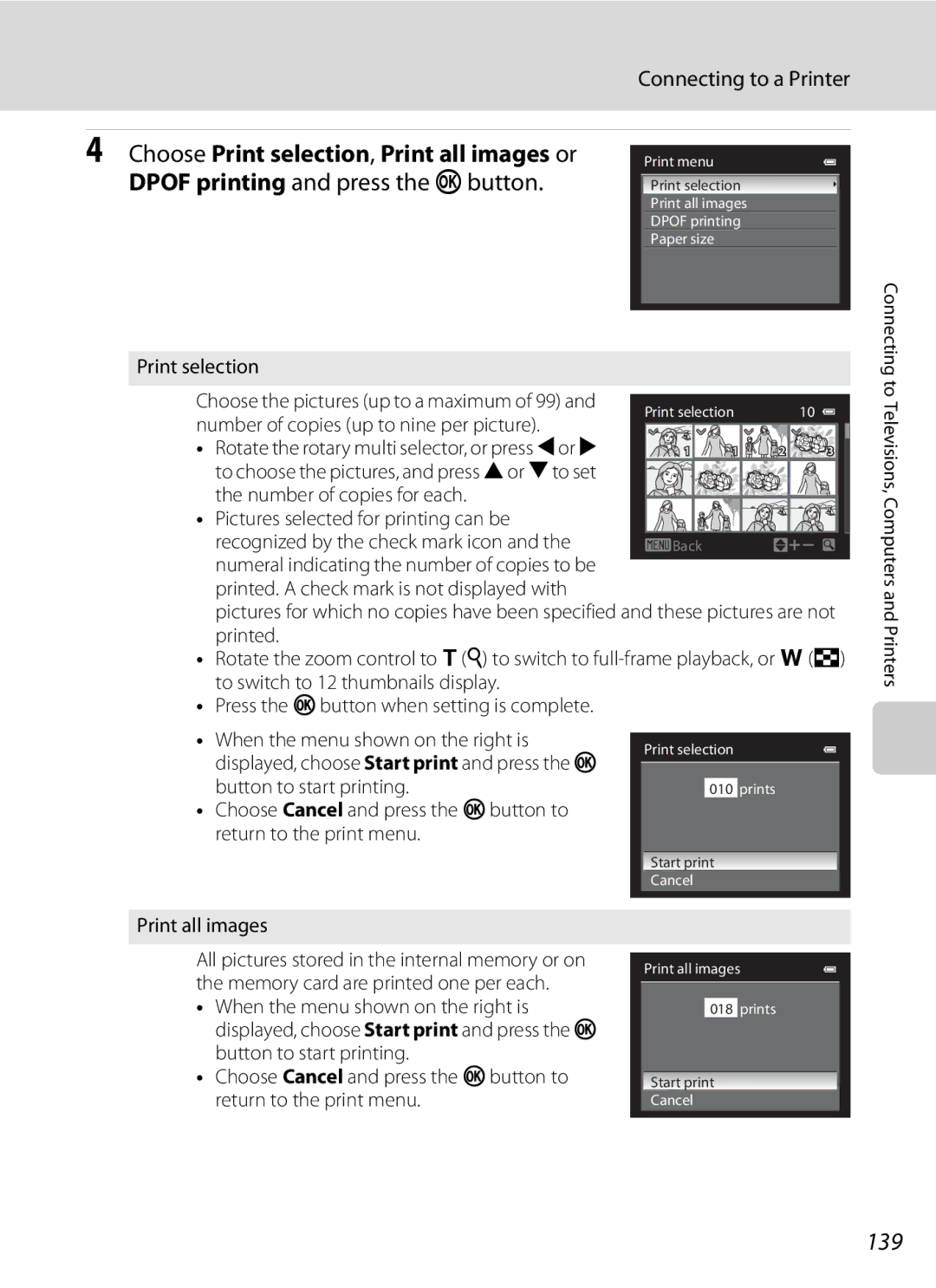 Nikon COOLPIXP300BK user manual 139, Print selection, Number of copies up to nine per picture, Print all images 