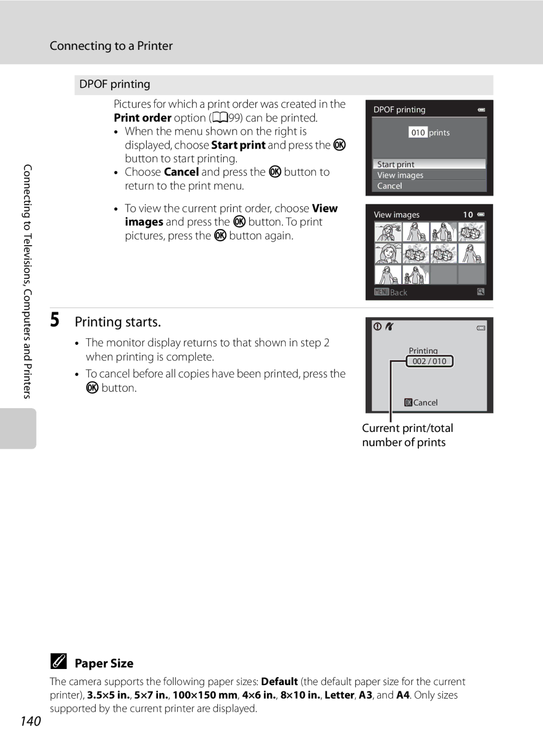 Nikon COOLPIXP300BK user manual 140, Paper Size, Dpof printing, Current print/total number of prints 