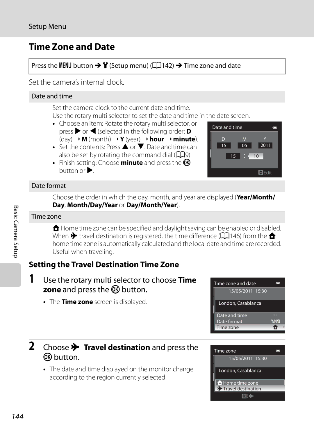 Nikon P300 Time Zone and Date, Setting the Travel Destination Time Zone, Choose x Travel destination and press the kbutton 