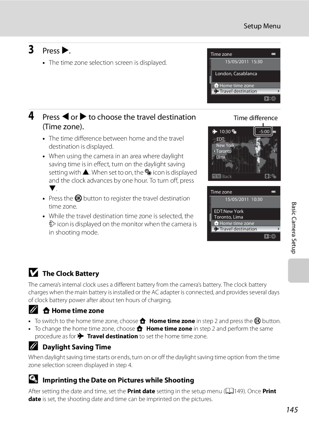 Nikon COOLPIXP300BK user manual Press Jor Kto choose the travel destination Time zone, 145, Clock Battery, WHome time zone 
